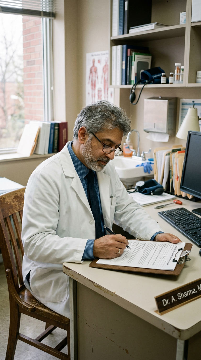 A clinician reviewing and signing patient notes at a desk in a practice office