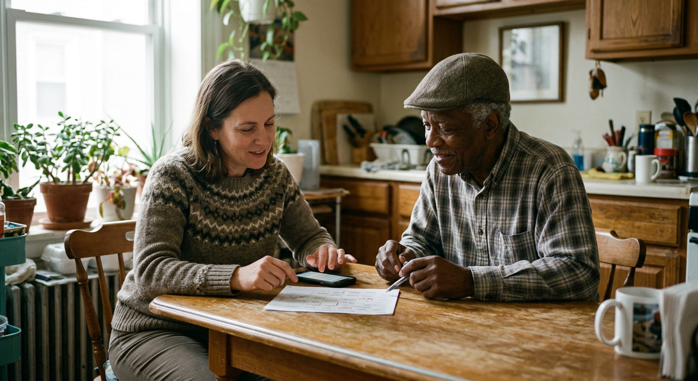 A navigator helping an older adult at home between appointments