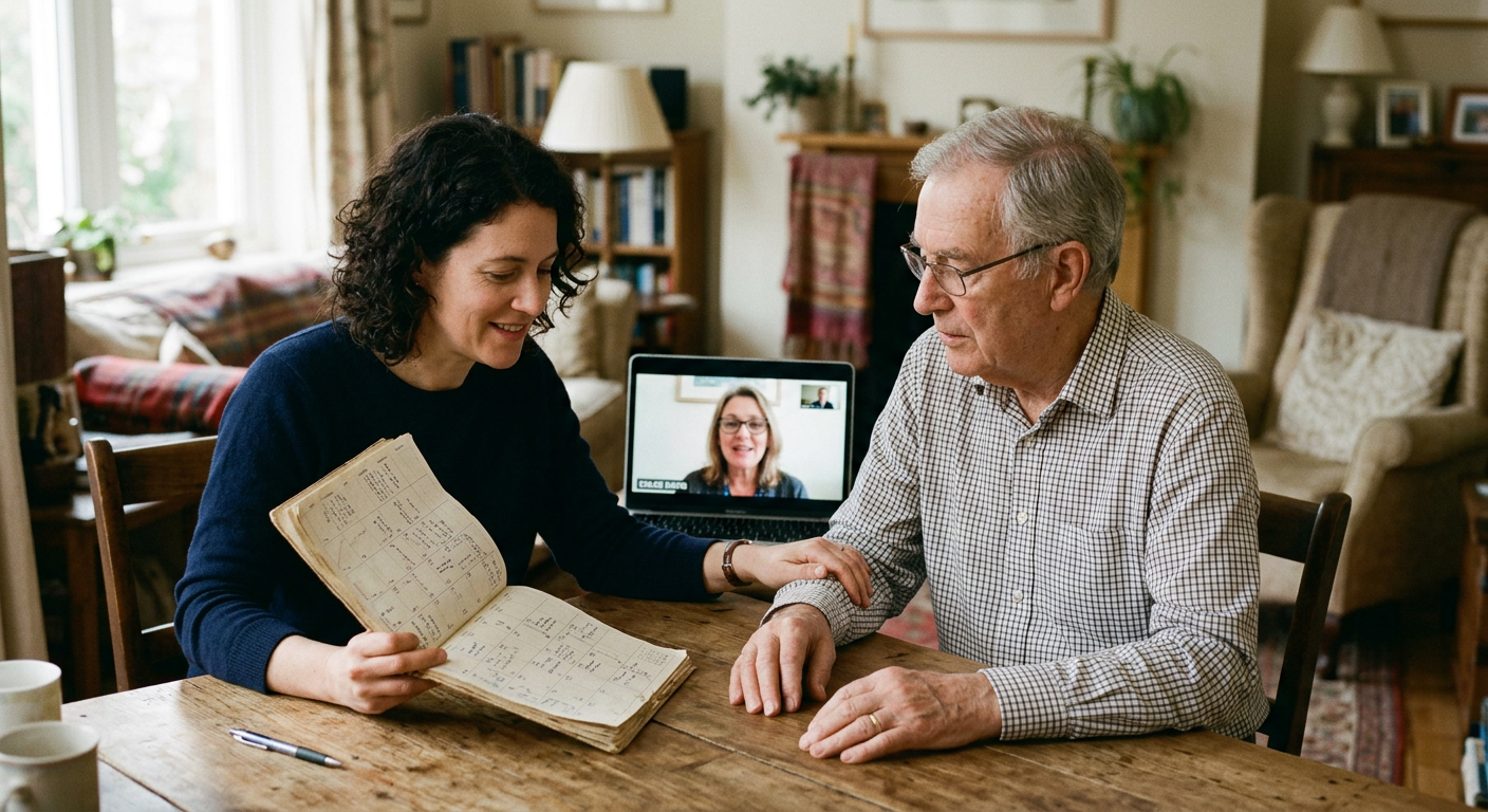 A daughter and her father organizing appointments with a navigator on a video call