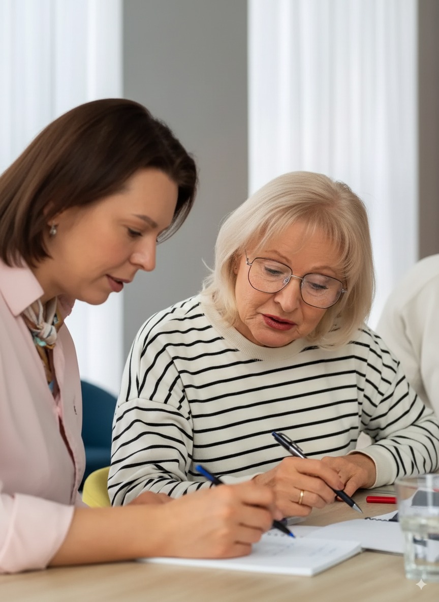 SageAlly healthcare advocate providing personalized consultation and support to a senior client, reviewing important healthcare documents together in a professional yet comfortable setting